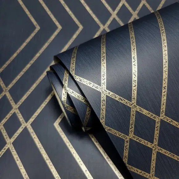 Trellis Wallpaper with Metallic Design - Navy