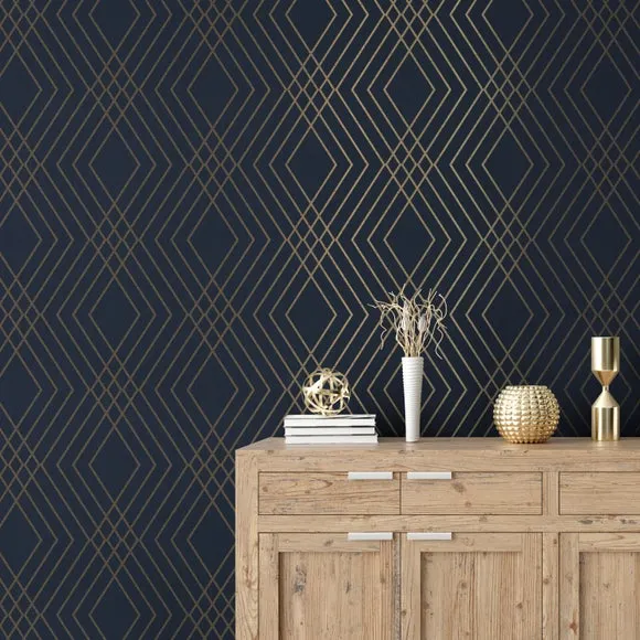 Trellis Wallpaper with Metallic Design - Navy
