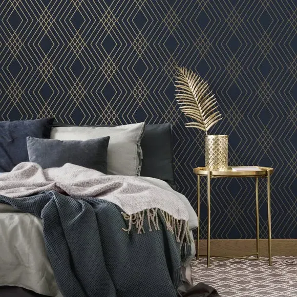 Trellis Wallpaper with Metallic Design - Navy