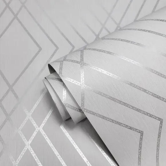 Trellis Wallpaper with Metallic Design - Stone
