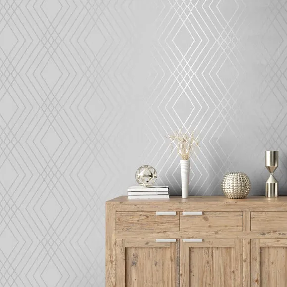 Trellis Wallpaper with Metallic Design - Stone