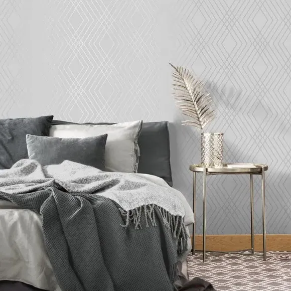 Trellis Wallpaper with Metallic Design - Stone