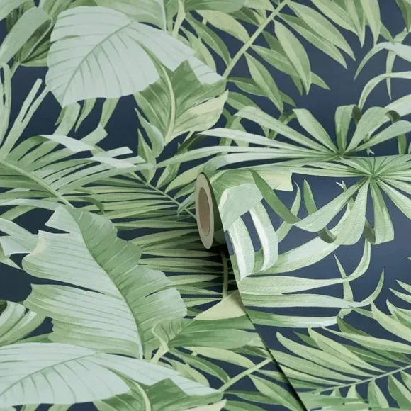 Tropical Wallpaper with Pattern - Navy, Paper