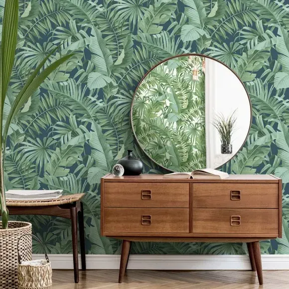 Tropical Wallpaper with Pattern - Navy, Paper