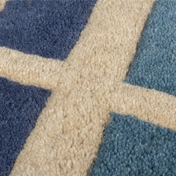 Carved Wool Rug with Retro Blocks - Blue, Wool