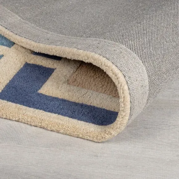 Carved Wool Rug with Retro Blocks - Blue, Wool