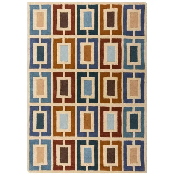 Carved Wool Rug with Retro Blocks - Blue, Wool