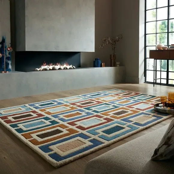 Carved Wool Rug with Retro Blocks - Blue, Wool