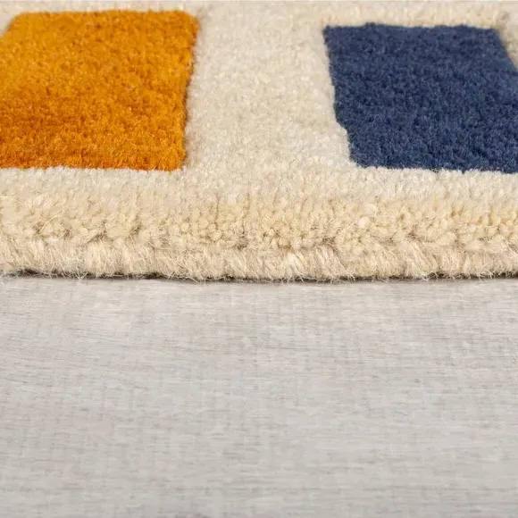 Carved Wool Rug with Retro Blocks - Multi, Wool