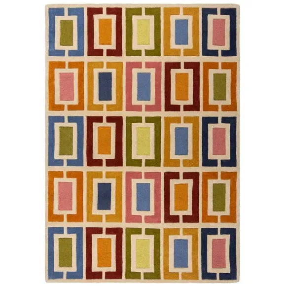 Carved Wool Rug with Retro Blocks - Multi, Wool