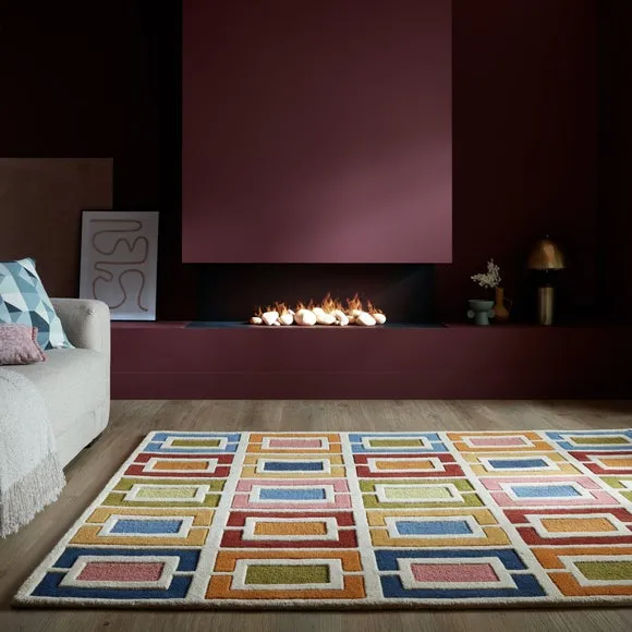 Carved Wool Rug with Retro Blocks - Multi, Wool