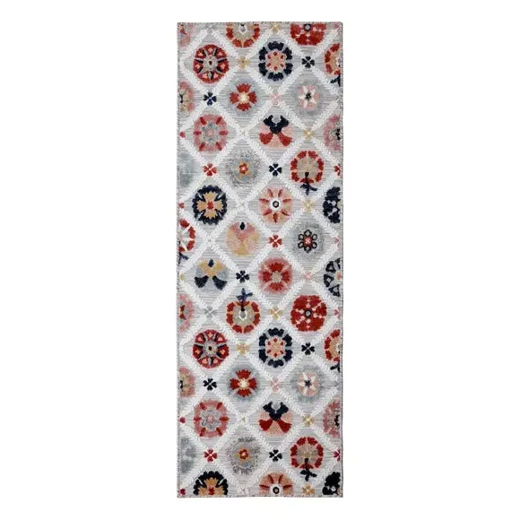 Floral Runner Rug Weatherproof - Grey