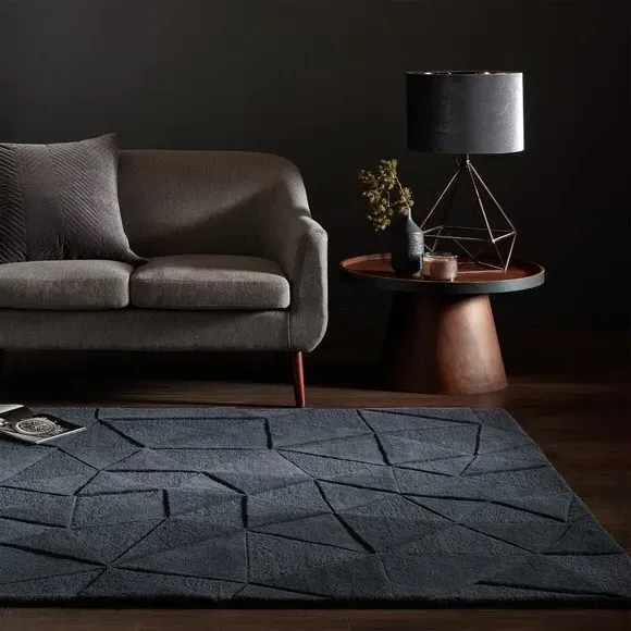 Geometric Rug Hand Carved - Charcoal, Wool