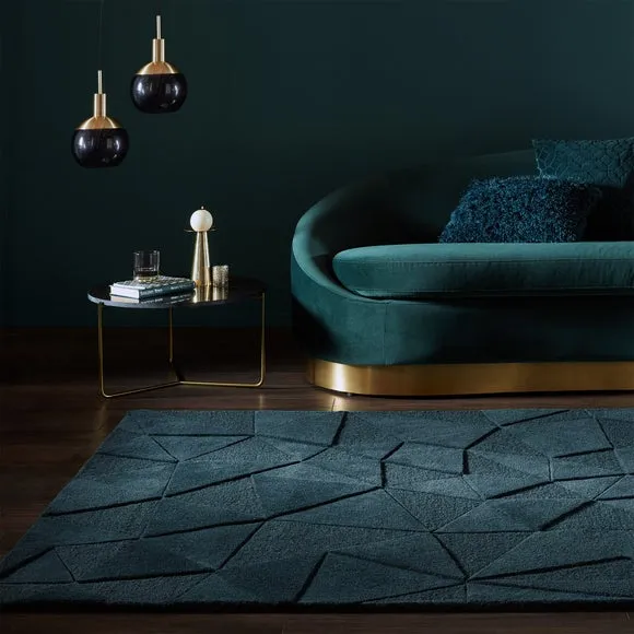 Geometric Rug Hand Carved - Teal, Wool