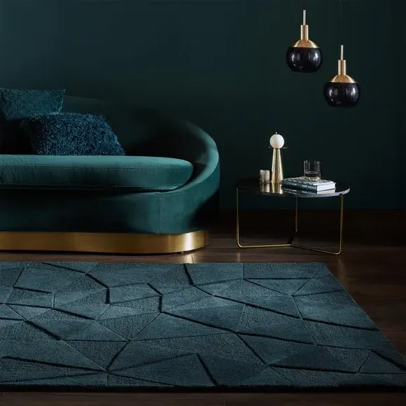 Geometric Rug Hand Carved - Teal, Wool