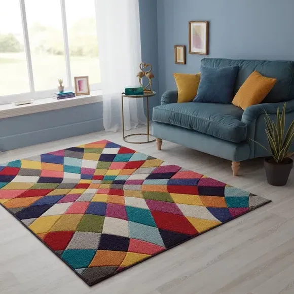 Geometric Rug with Diamond Pattern - Multicoloured
