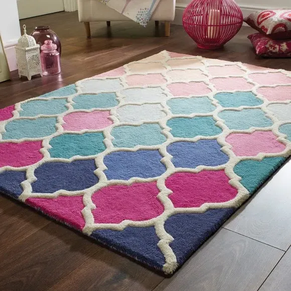 Geometric Rug with Hand-Carved Detail - Blue, Wool