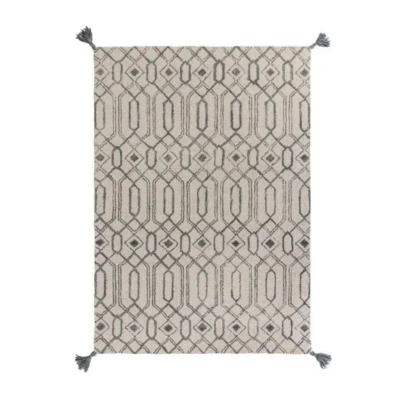 Geometric Rug with Tassels - Grey, Wool
