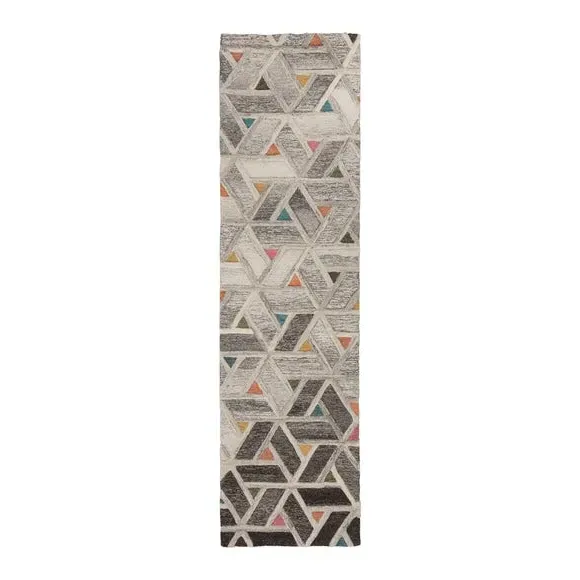 Geometric Runner Rug - Grey, Hand-Carved Wool image