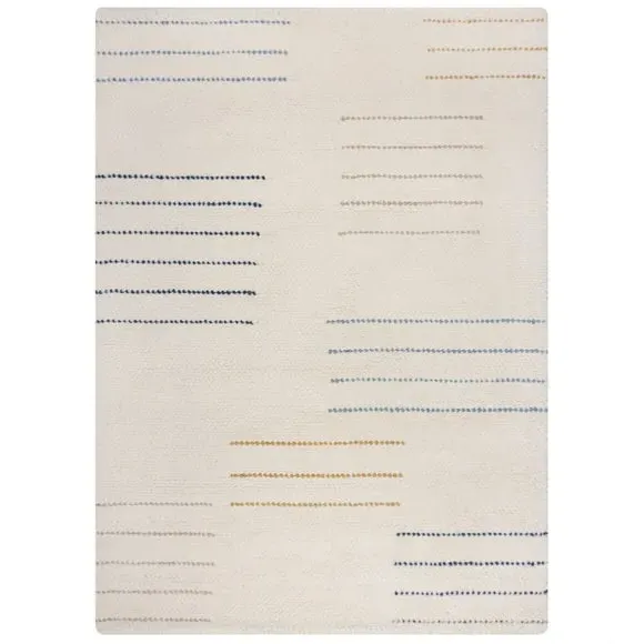 Geometric Wool Rug with Loop Design - Blue, Wool