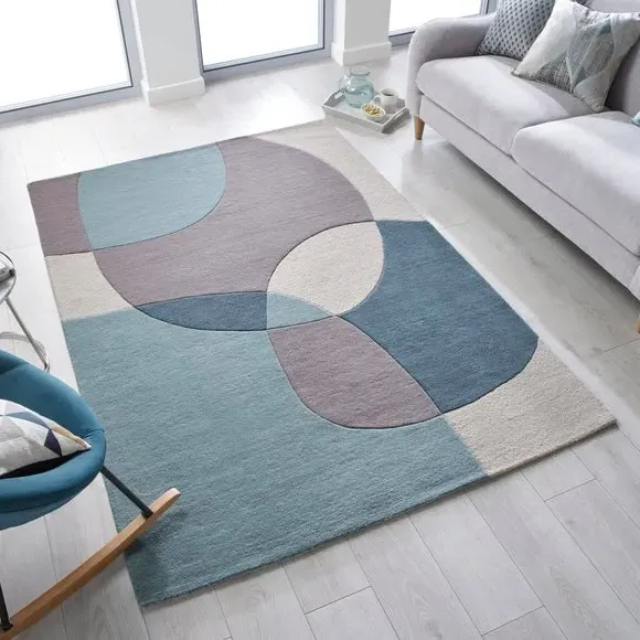 Hand-Carved Rug with Bold Pattern - Blue, Wool