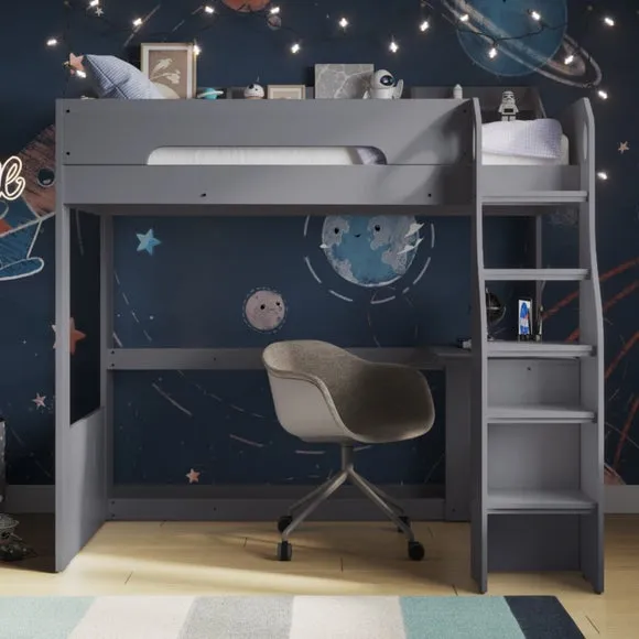 High Sleeper Bed Frame with Desk - Grey