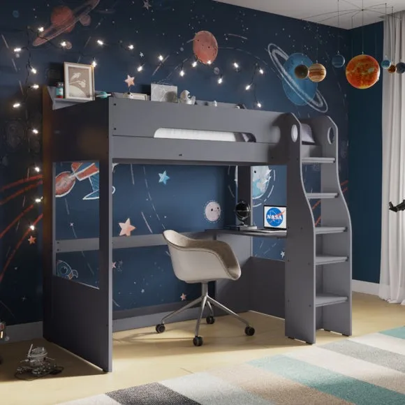 High Sleeper Bed Frame with Desk - Grey