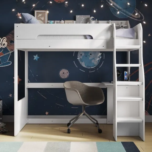 High Sleeper Bed Frame with Desk - White