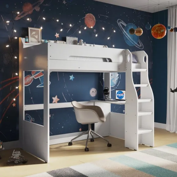 High Sleeper Bed Frame with Desk - White