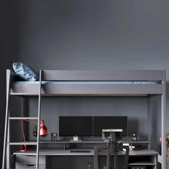 High Sleeper Bed with Desk - Grey, MDF