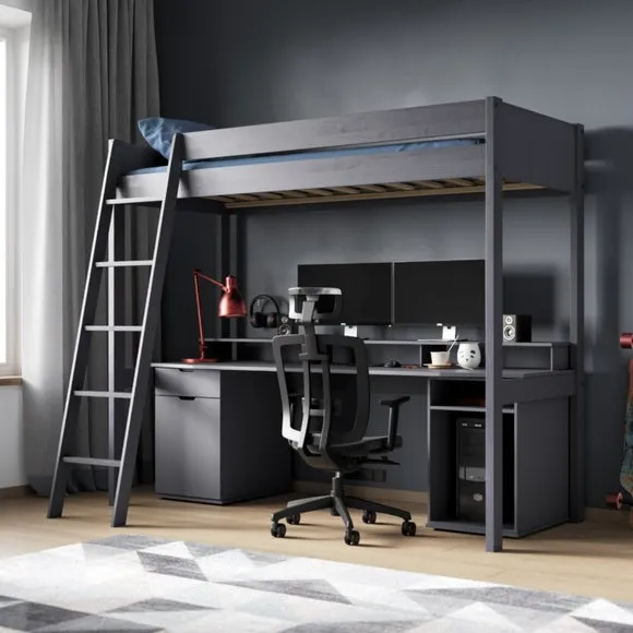 High Sleeper Bed with Desk - Grey, MDF image