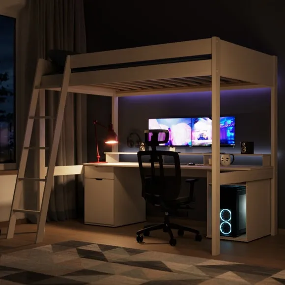 High Sleeper Bed with Desk - White, MDF
