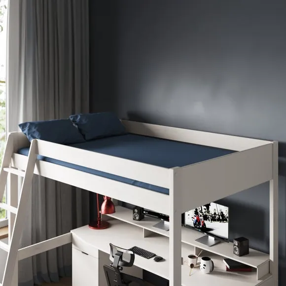 High Sleeper Bed with Desk - White, MDF