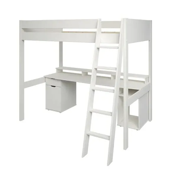 High Sleeper Bed with Desk - White, MDF