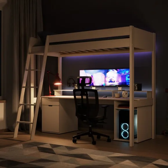 High Sleeper Bed with Desk - White, MDF