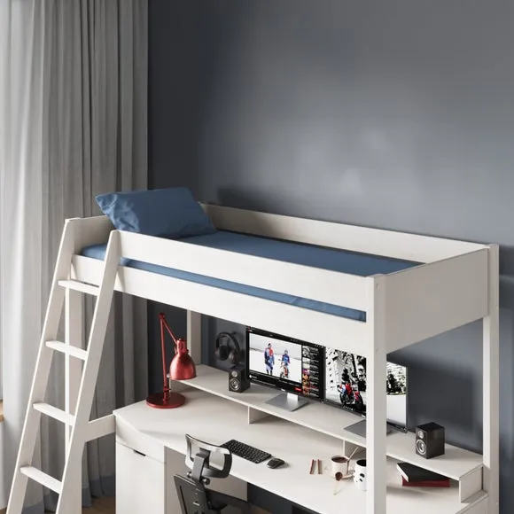 High Sleeper Bed with Desk - White, MDF