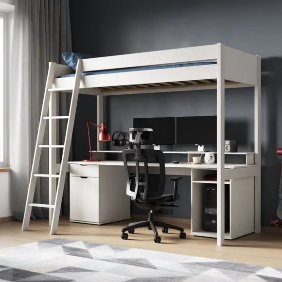 High Sleeper Bed with Desk - White, MDF