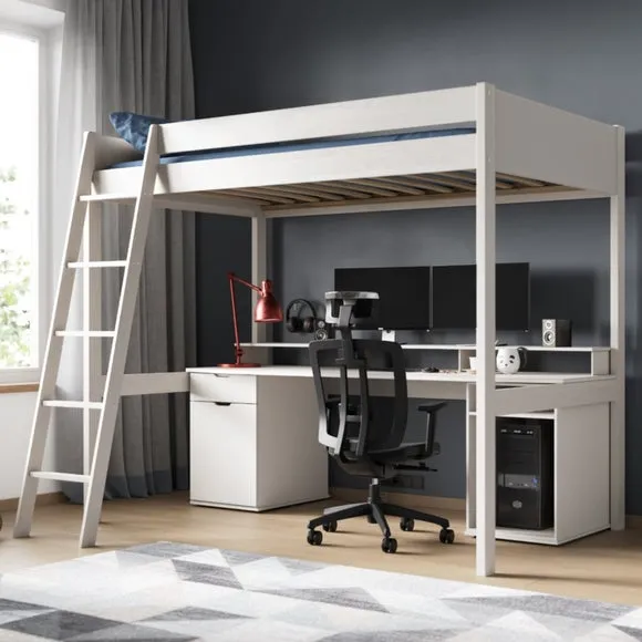 High Sleeper Bed with Desk - White, MDF