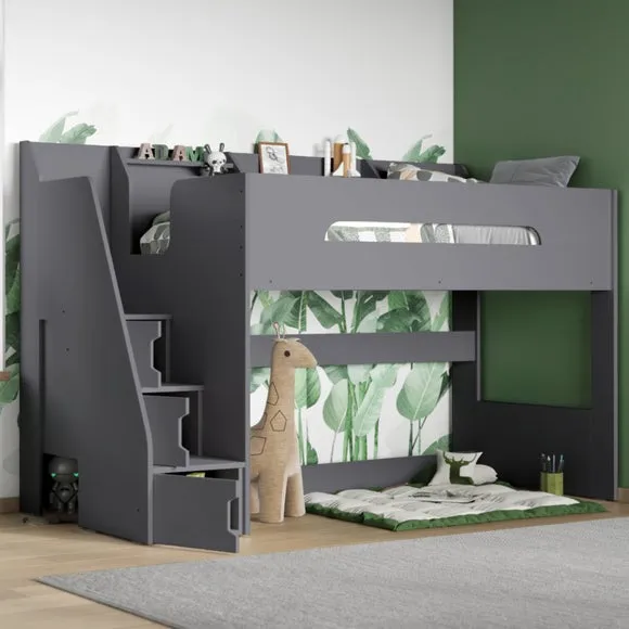 High Sleeper Bed with Storage Steps - Grey
