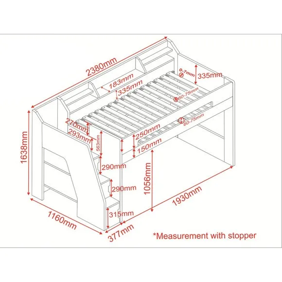 High Sleeper Bed with Storage Steps - Grey