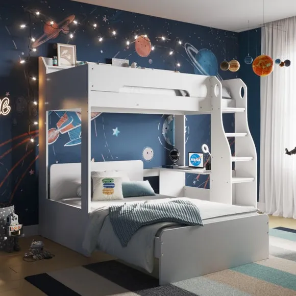 L-Shaped Triple Bunk Bed with Storage - White image