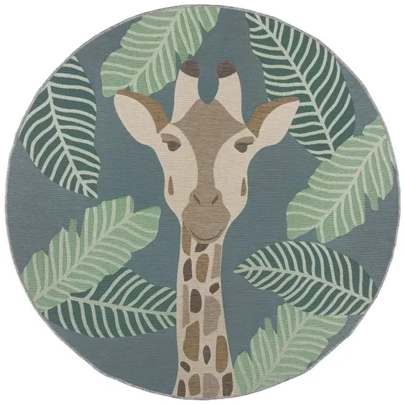 Round Outdoor Rug Giraffe Design - Blue, Polypropylene