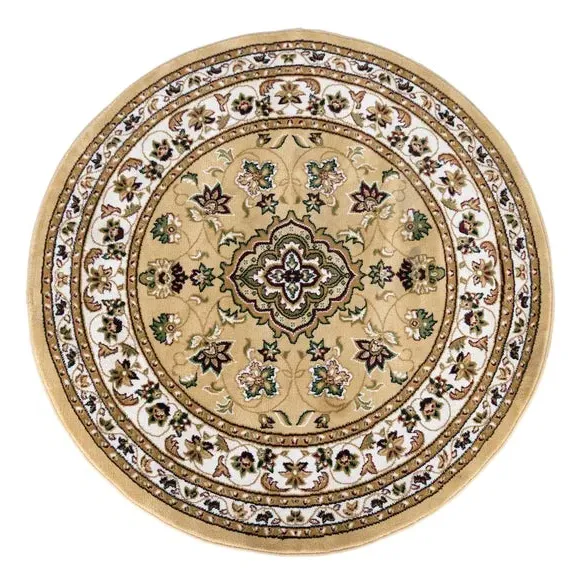 Round Rug with Border Design - Beige, Polypropylene