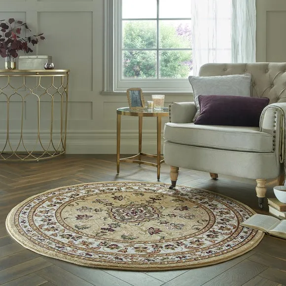 Round Rug with Border Design - Beige, Polypropylene