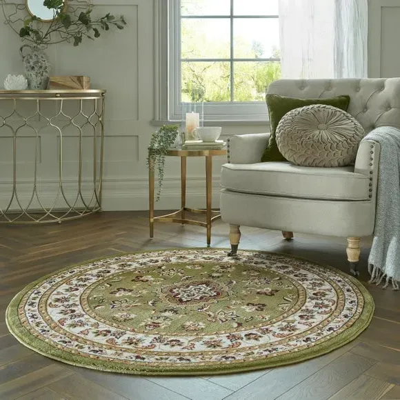 Round Rug with Border Design - Green, Polypropylene