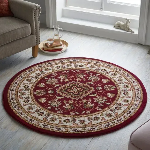 Round Rug with Border Design - Red, Polypropylene