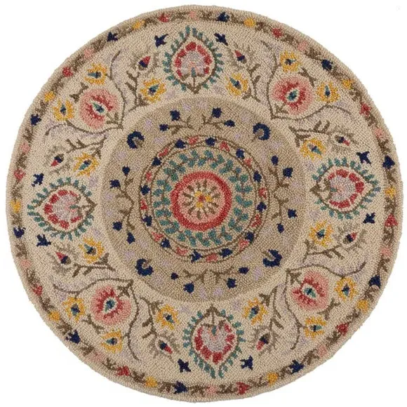 Round Rug with Floral Design - Multicoloured, Wool