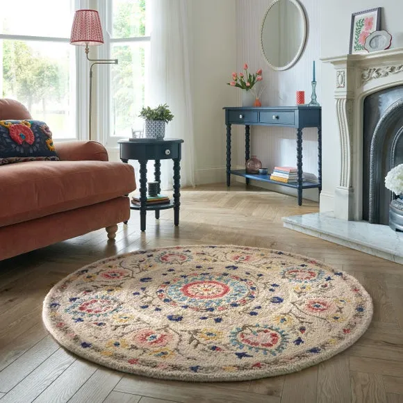 Round Rug with Floral Design - Multicoloured, Wool