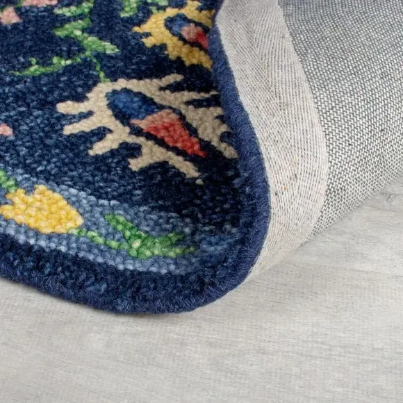 Round Rug with Floral Design - Navy, Wool