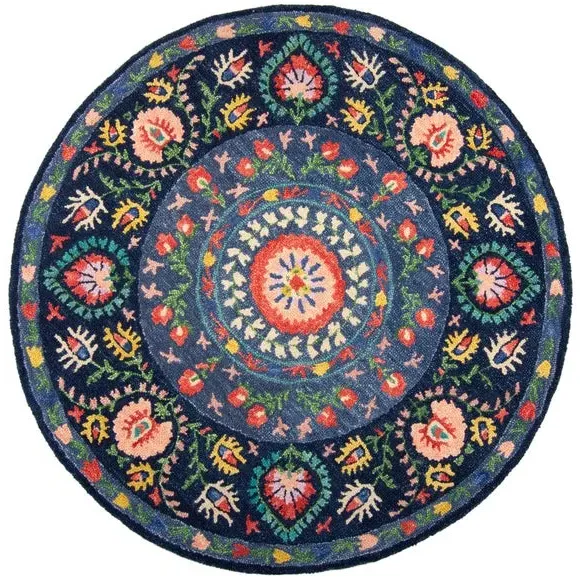 Round Rug with Floral Design - Navy, Wool